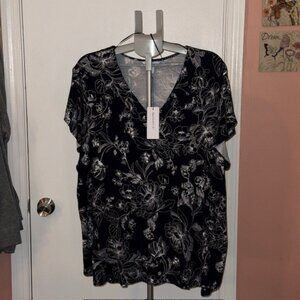 Liz Claiborne Women's 3X Flutter Sleeve Navy Floral Top NWT